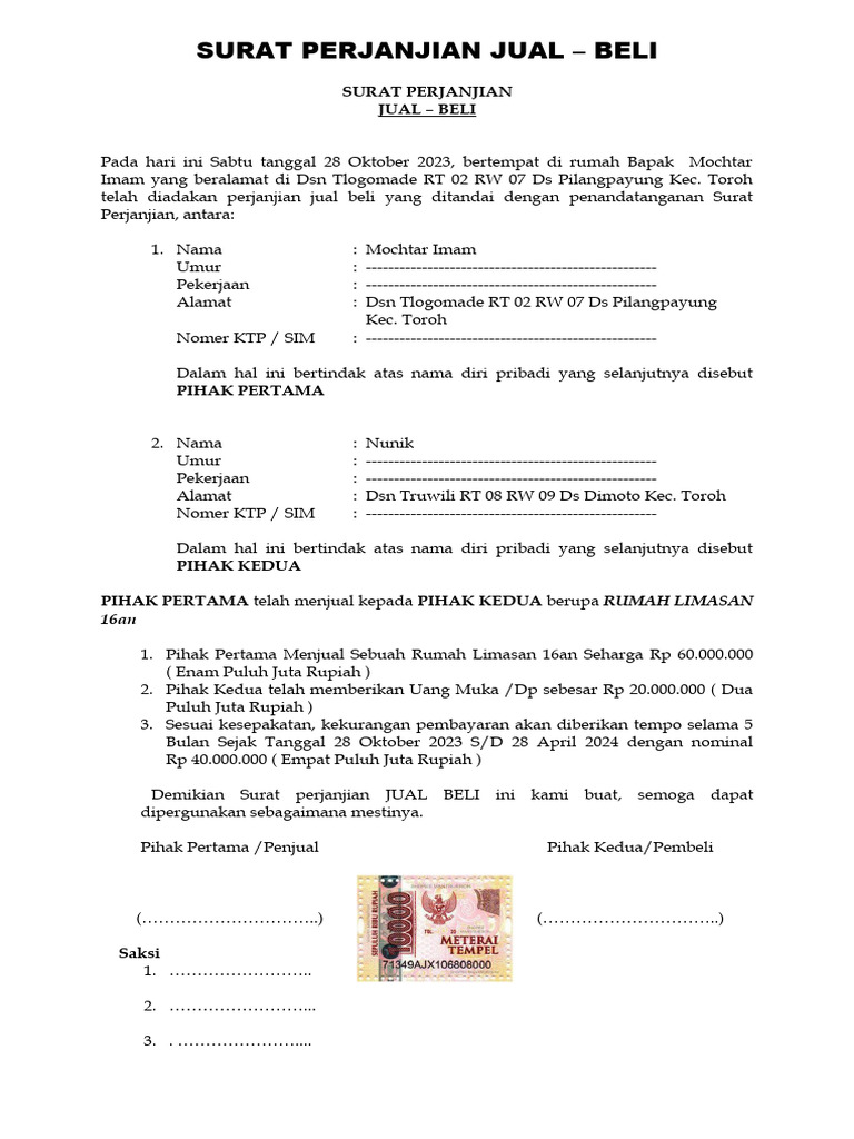 Surat Perjanjian Jual | PDF | Hukum