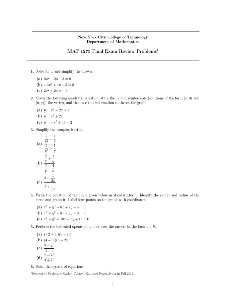 MAT 1275 Final Exam Review Guide | PDF | Elementary Mathematics ...