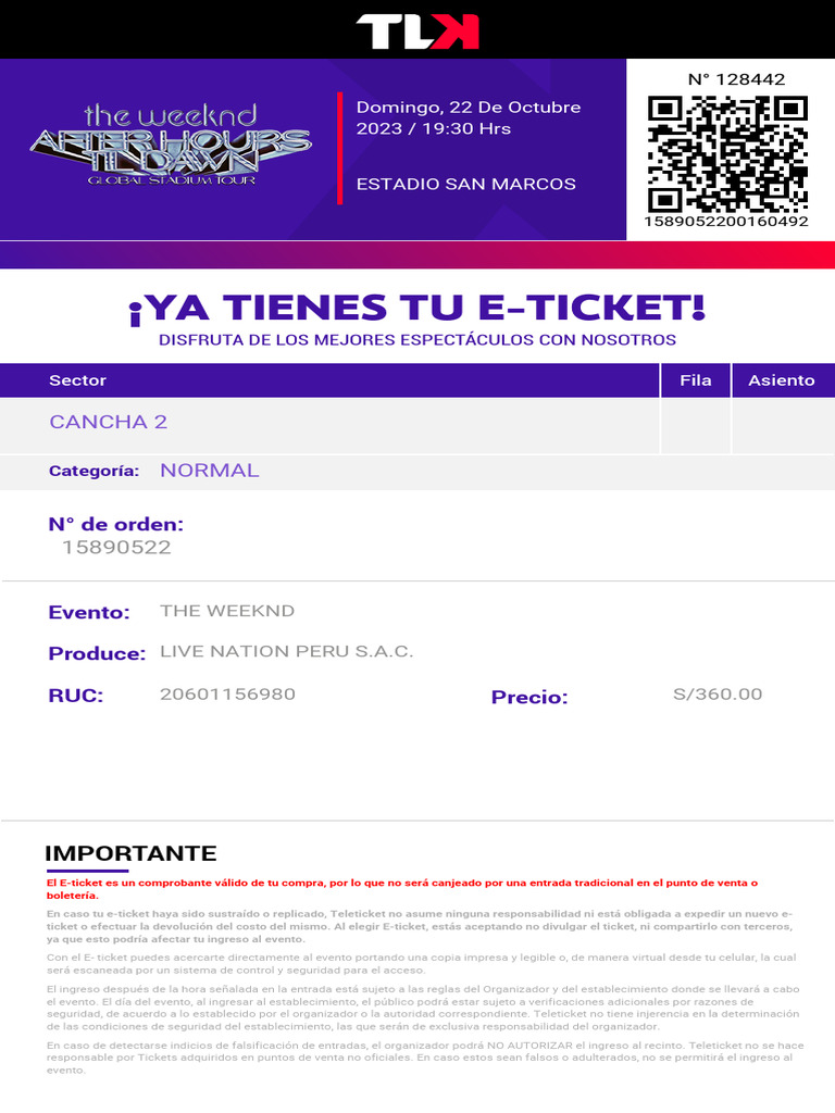 E-Ticket para The Weeknd en Lima | PDF