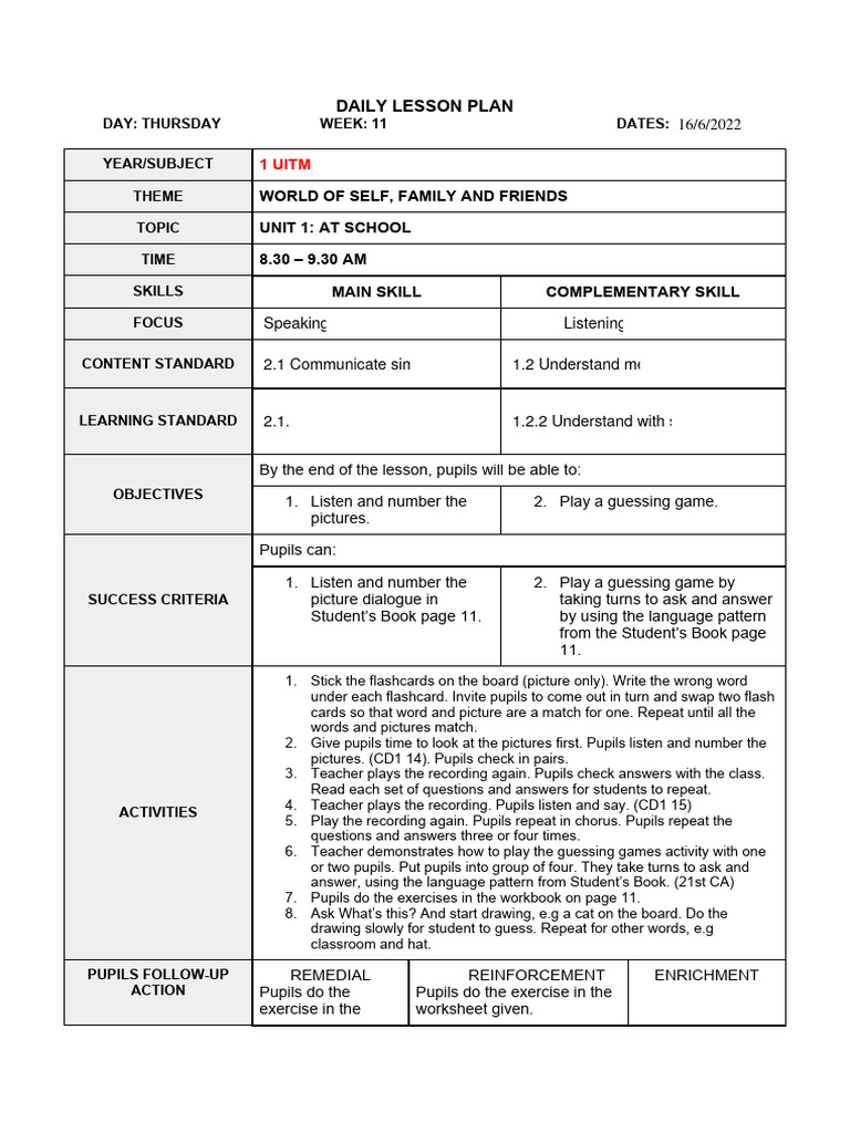 Thursday Lesson Plan: At School Activities | PDF