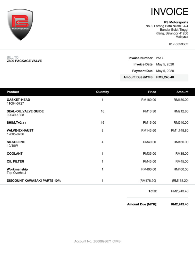 Invoice for Z800 Package Valve Parts | PDF