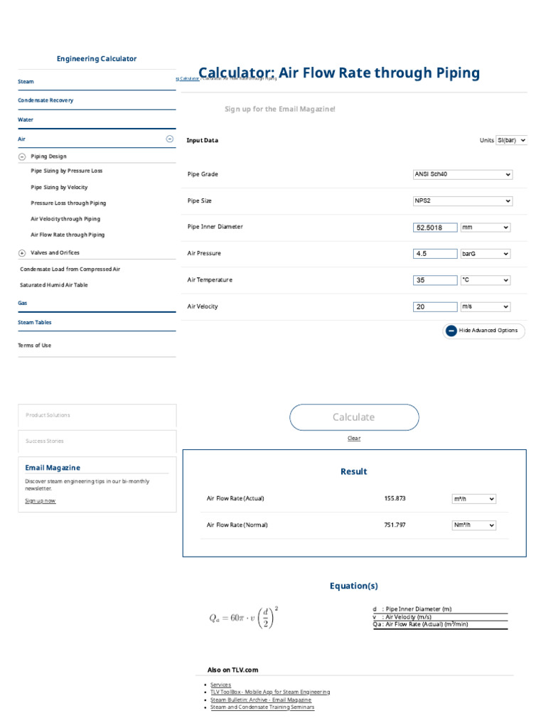 Calculator Air Flow Rate Through Piping TLV A Steam Specialist