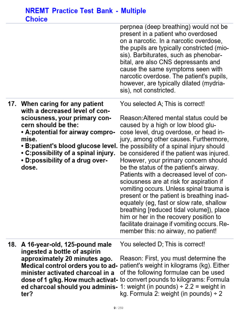 NREMT Practice Test Bank - 4q Multiple Choice-9 | PDF | Drug Overdose ...