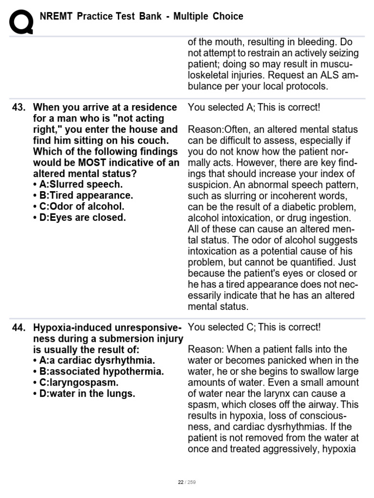 NREMT Altered Mental Status Practice | PDF | Physiology | Human ...