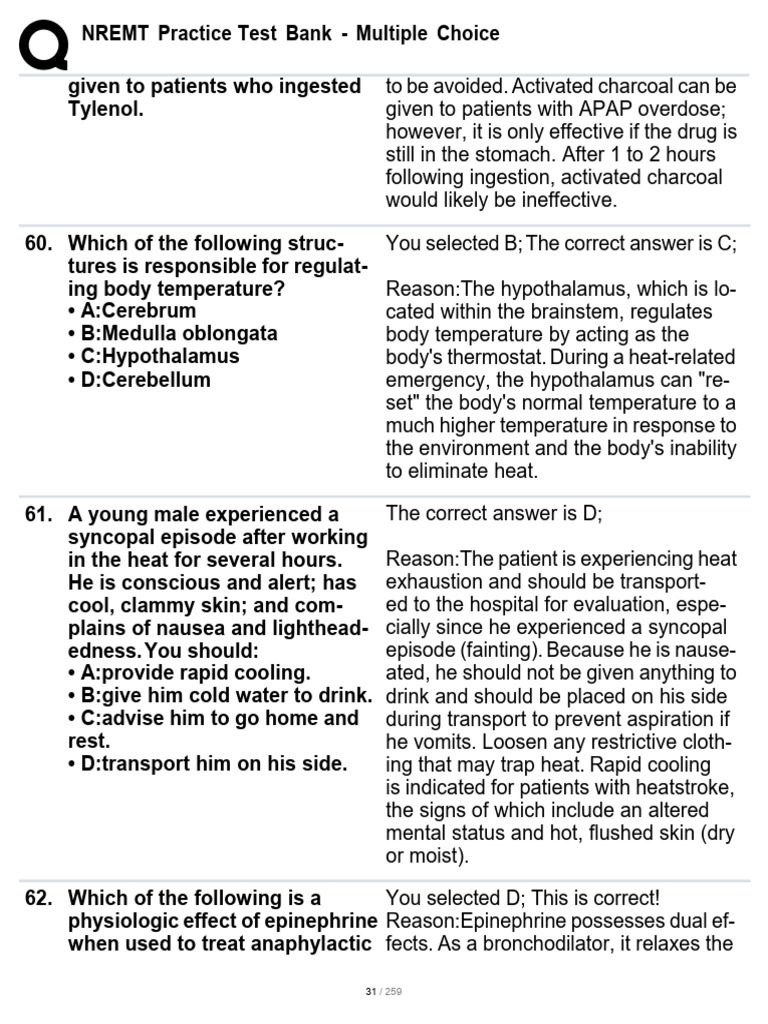 NREMT Practice Test Bank - 4q Multiple Choice-31 | PDF | Nausea | Medicine