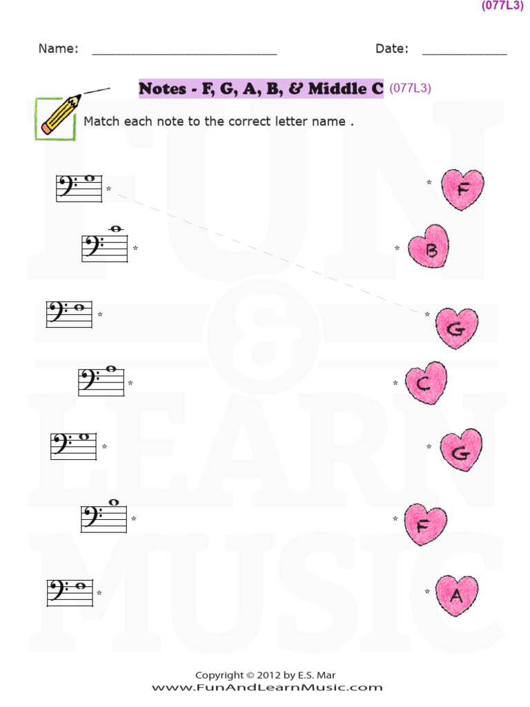 077 - Music Worksheet - Bass Clef (FGABC) y | PDF
