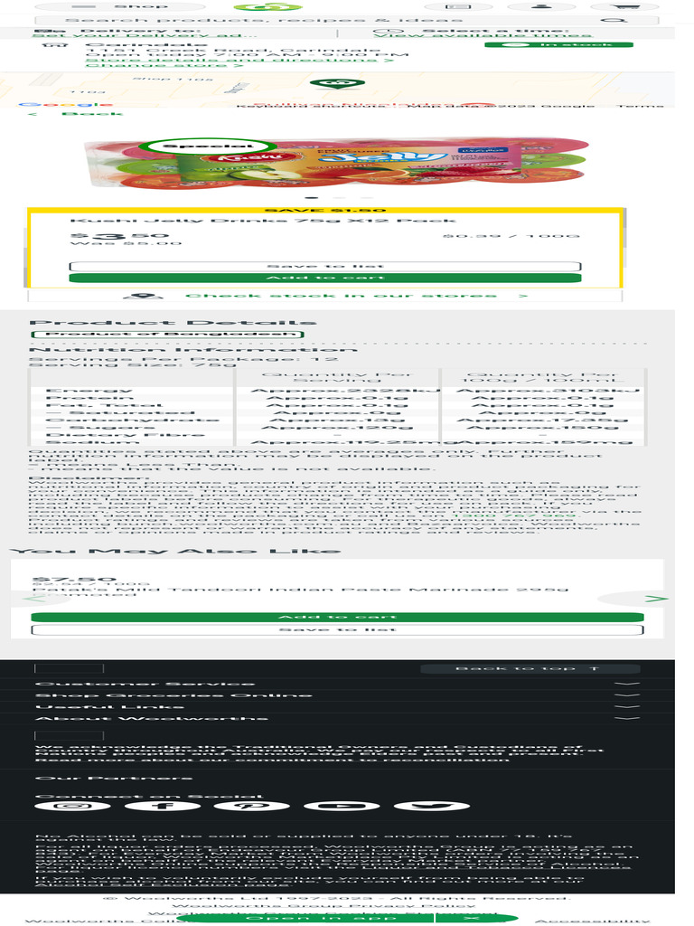 Kushi Jelly Drinks 75G x12 Pack Woolworths PDF Nutrition Facts