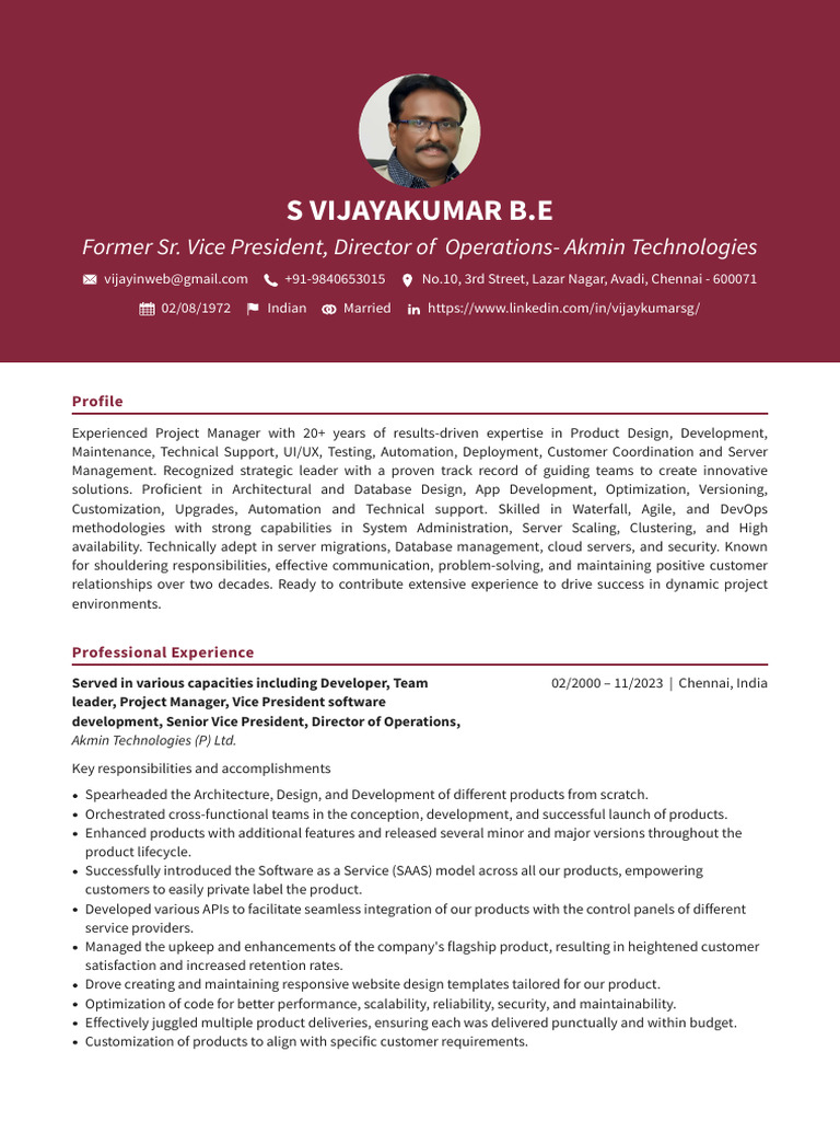 Profile of S. Vijayakumar at Akmin Technologies | PDF