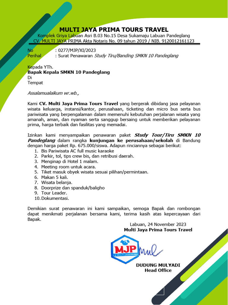 Surat Penawaran Study Tour SMKN 10 Pandeglang-2 | PDF