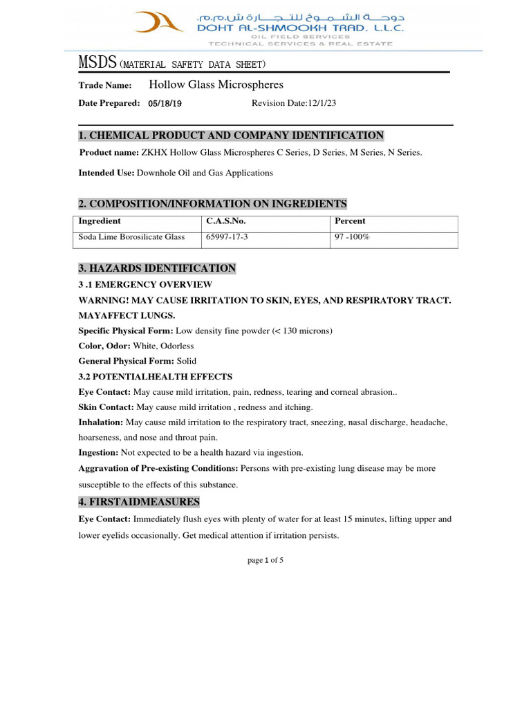 Hollow Glass Microspheres MSDS Guide | PDF | Glasses | Physical Sciences