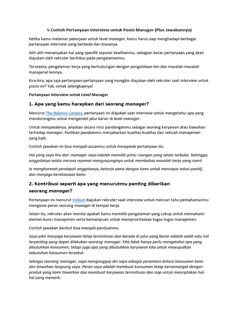 5 Contoh Pertanyaan Interview Untuk Posisi Manager Pdf