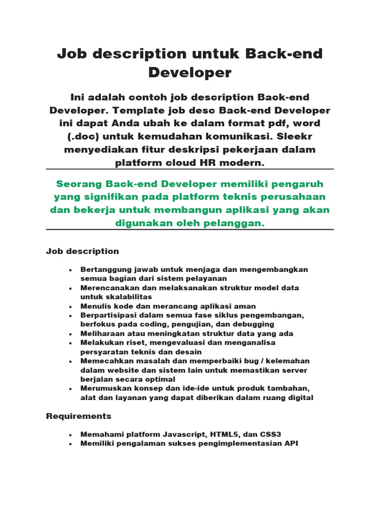 Job description untuk Back-end Developer | PDF