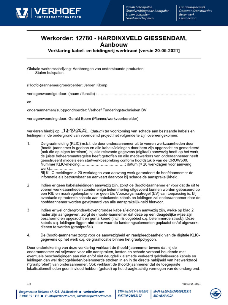 VF Verklaring Kabel - en Leidingvrij Werktrace 12780 Aanbouw | PDF