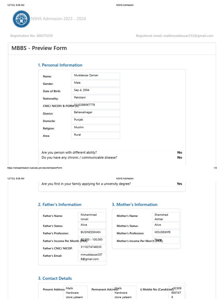 NSHS MBBS Admission Fee Structure | PDF