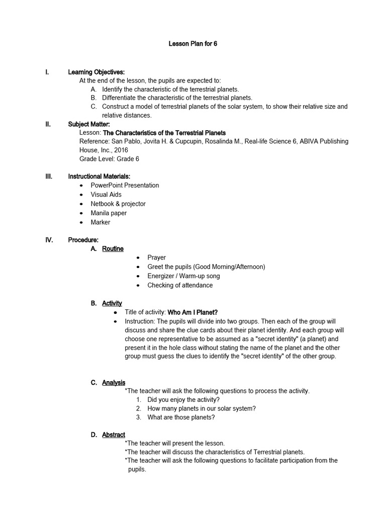 Grade 6 Terrestrial Planets Lesson | PDF | Planets | Solar System