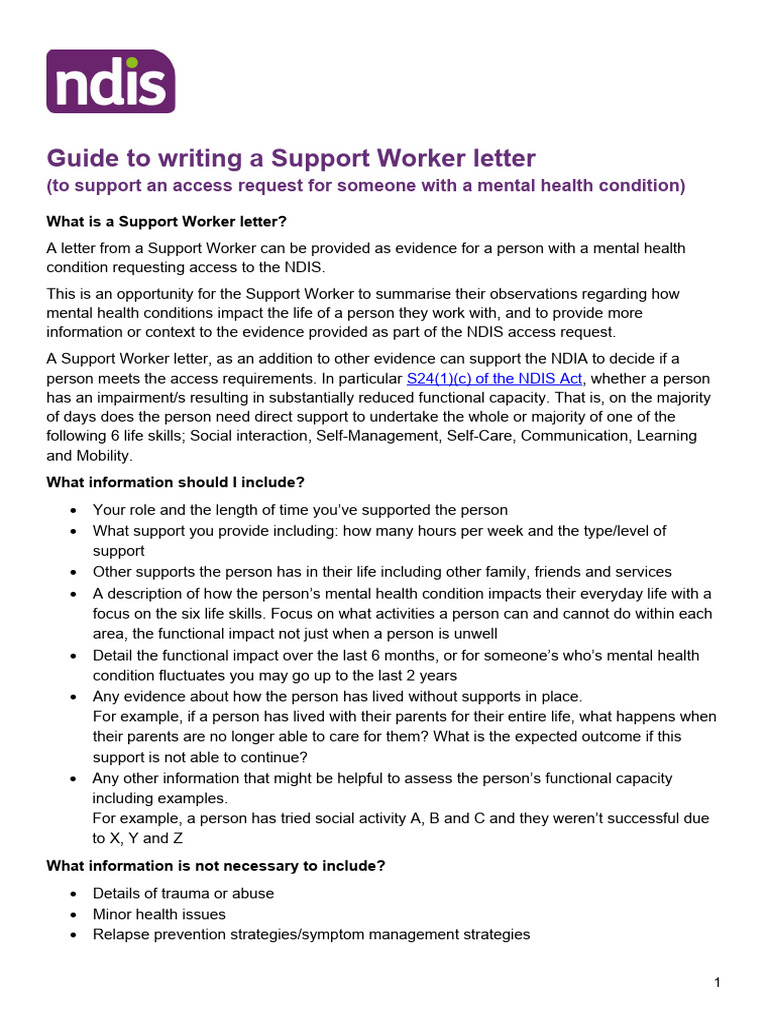Support Worker Letter for NDIS Access | PDF | Behavioural Sciences ...