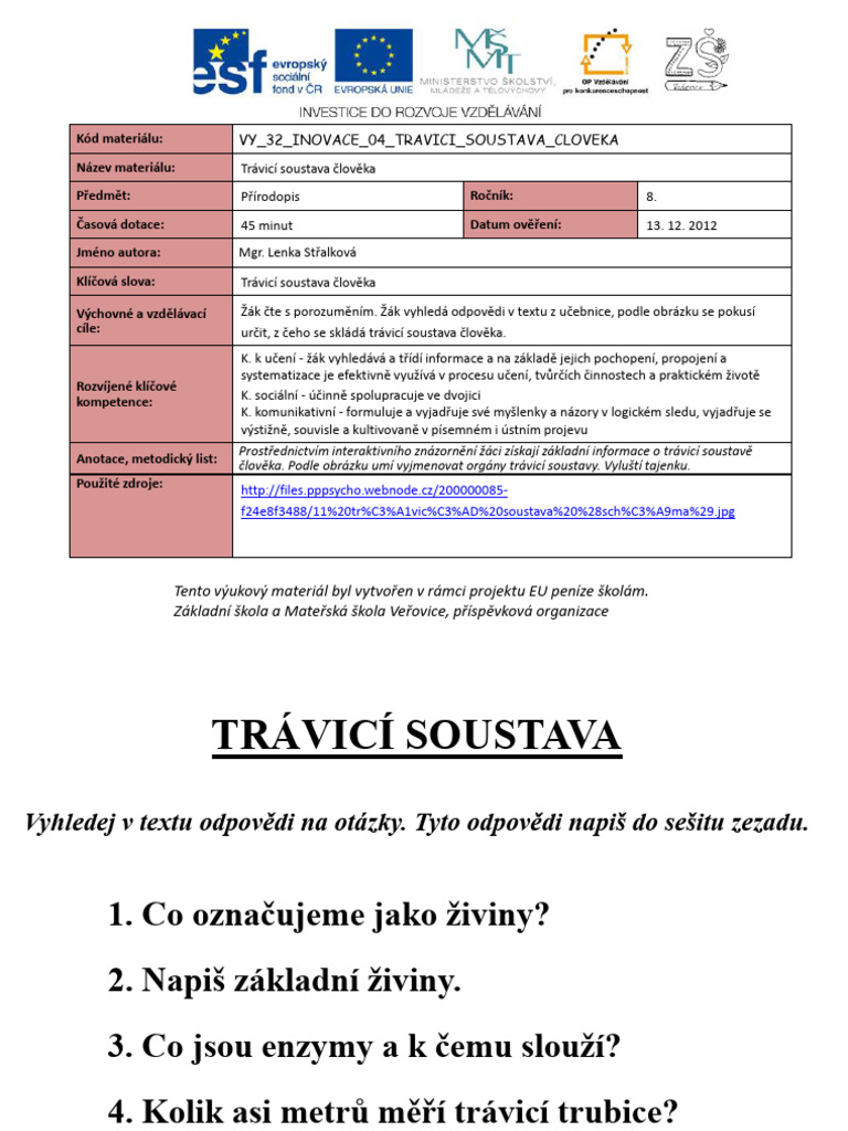 Vy 32 Inovace 04 Travici Soustava Cloveka | PDF