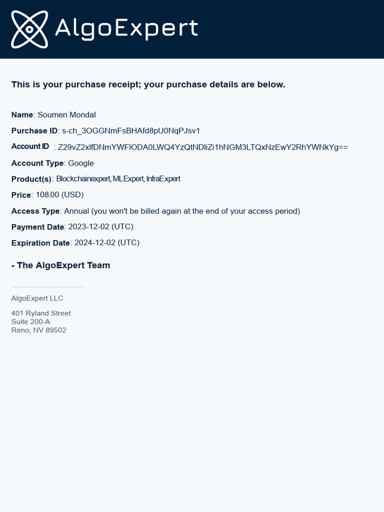 AlgoExpert Receipt PDF