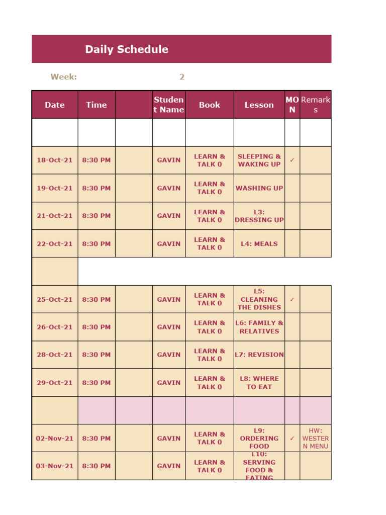 Language Learning Schedule | PDF | Renminbi | Food And Drink Preparation
