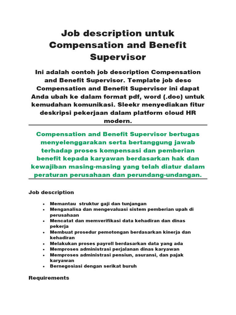 Job description untuk Compesation dan Benefit Supervisor PDF