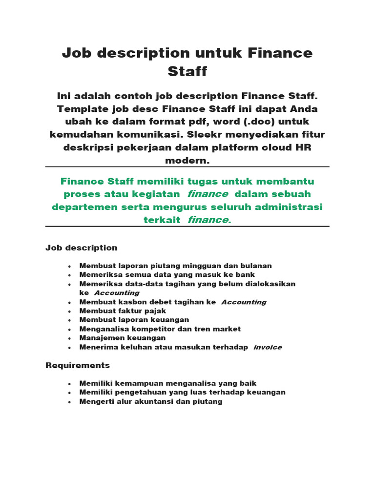 Job description untuk Finance Staff PDF