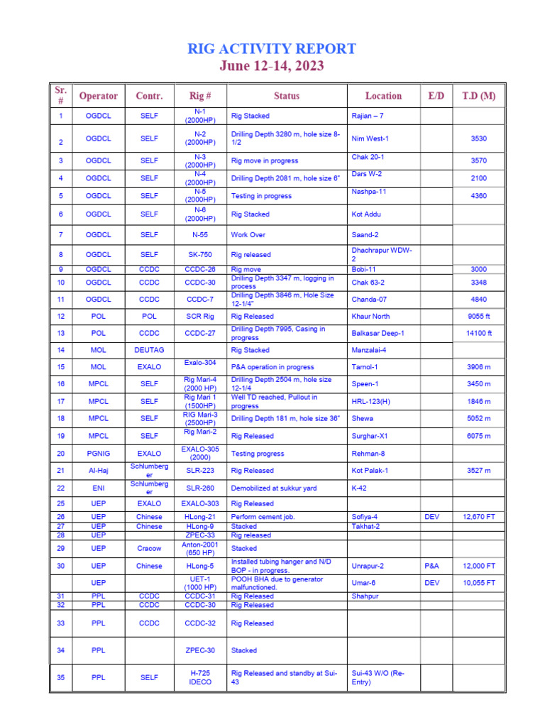 Rig Activity Report- June 2023 | PDF