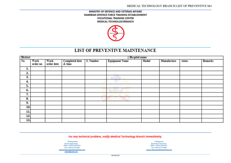 List of Preventive Maintenance Download Free PDF Biomedical Engineering Health Care