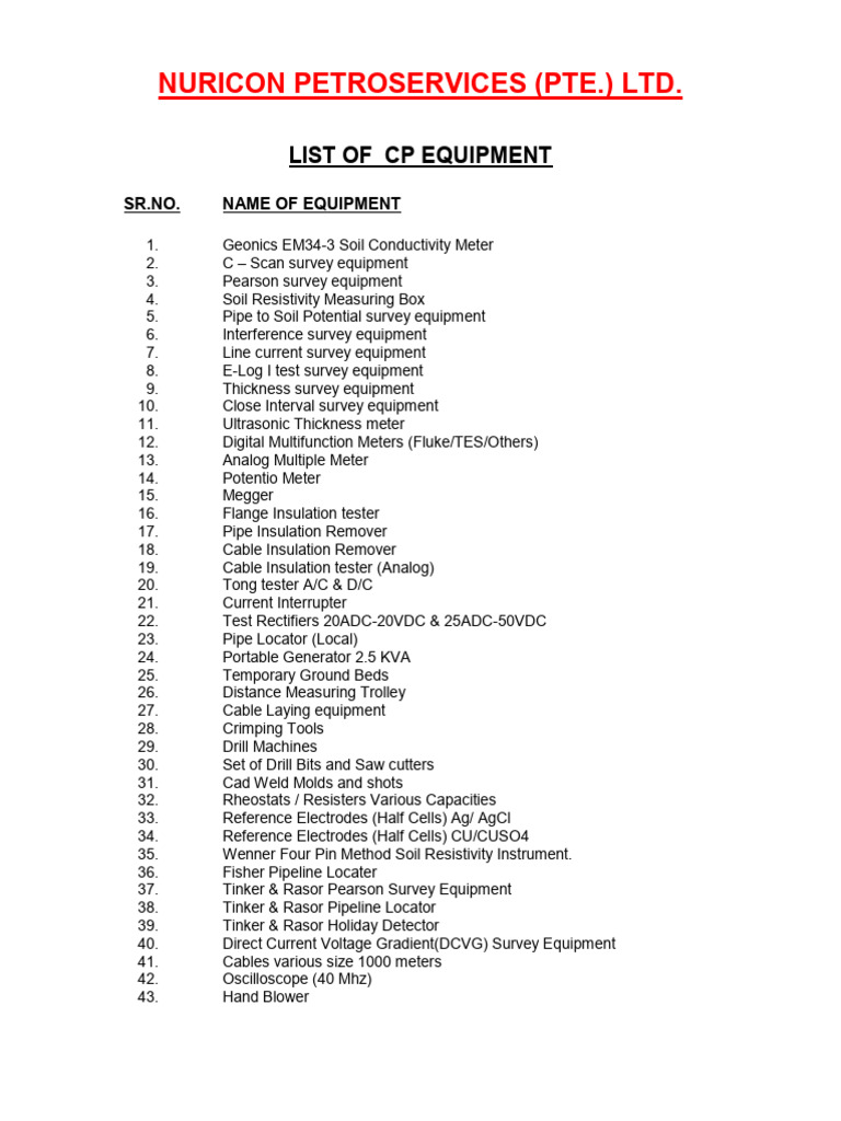 equipment list PDF