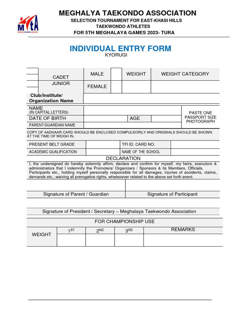 Meghalaya Taekwondo Athlete Entry Form | PDF