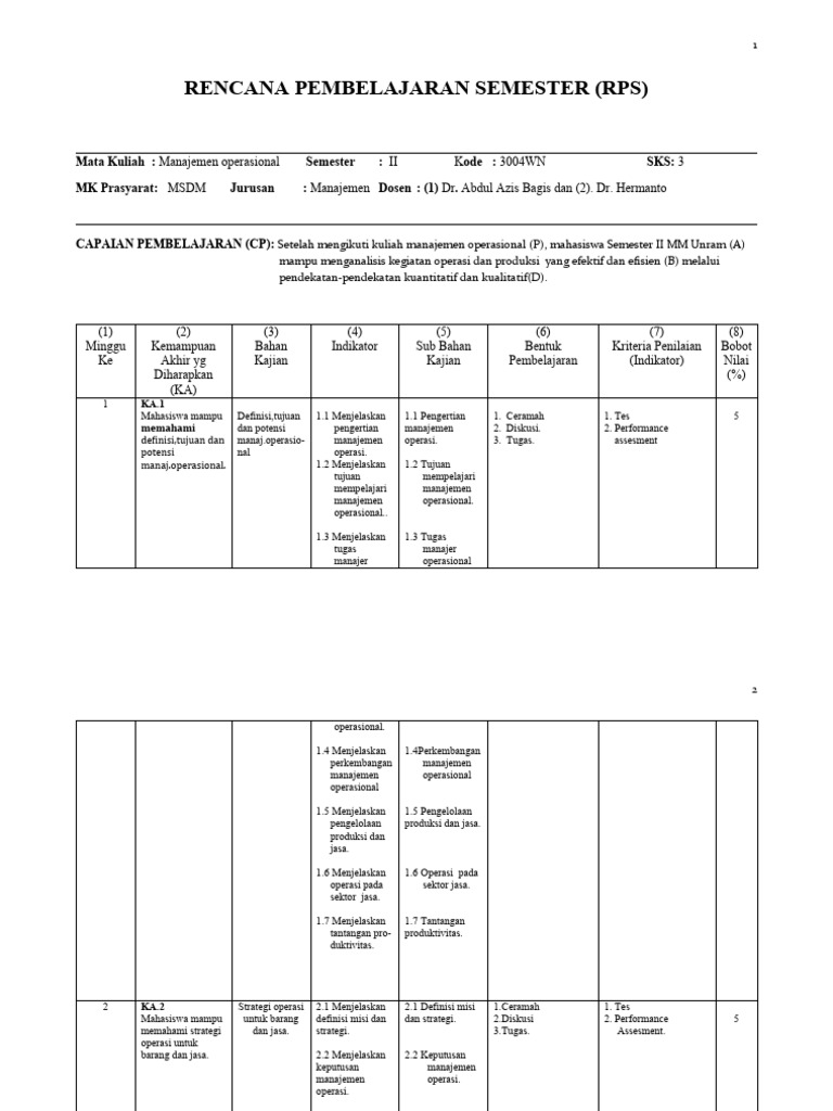 RPS Manajemen Operasional Semester II | PDF | Teknologi & Rekayasa