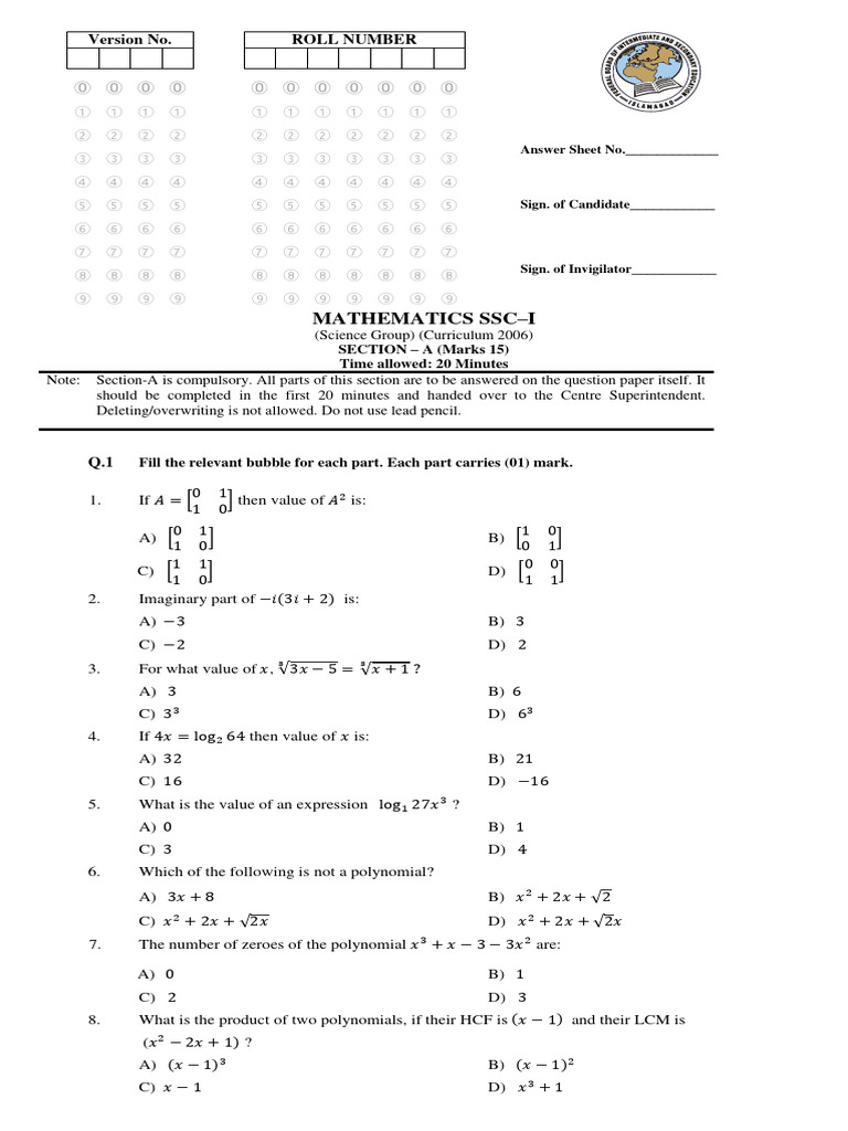 SSC-I Mathematics Science Model Paper | PDF