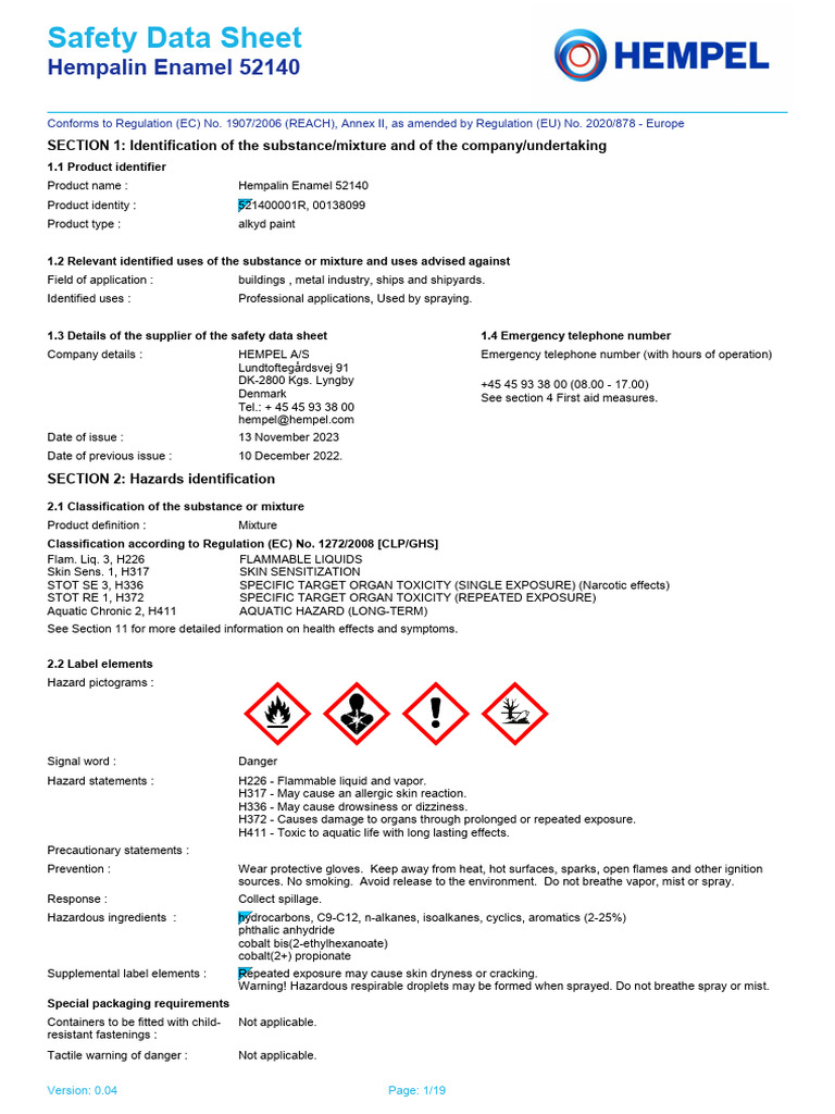 Safety Data Sheet Hempalin Enamel 52140 PDF