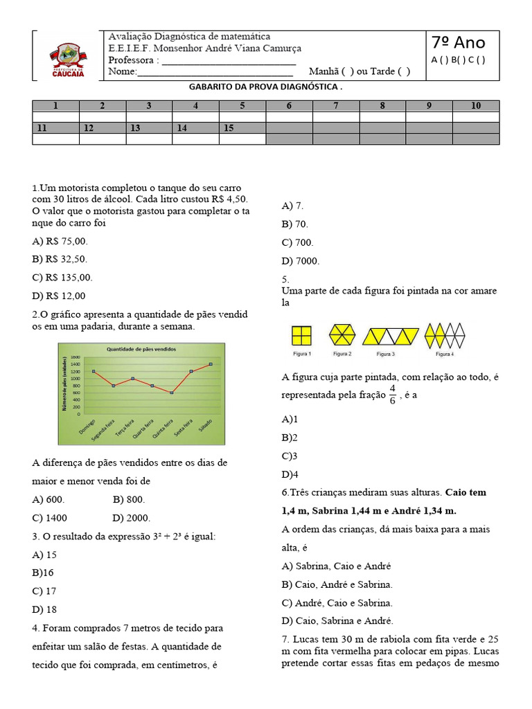 Prova Diagnostica de Matemática 7º Ano | PDF