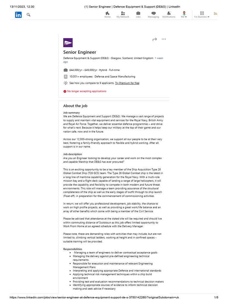 Senior Engineer Role at DE&S | PDF | Business
