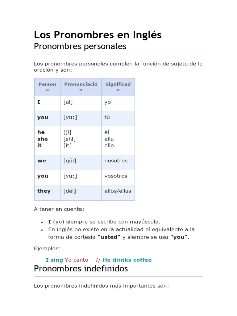 Pronombres en Inglés para Niños | PDF | Asunto (gramática) | Oración