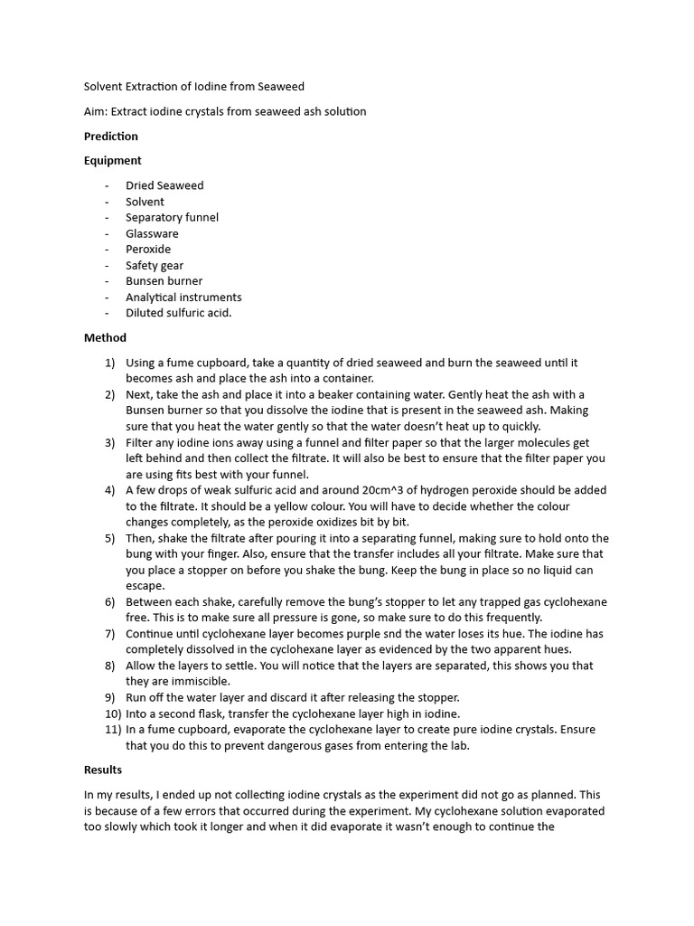 Iodine Extraction from Seaweed Method | PDF | Filtration | Iodine