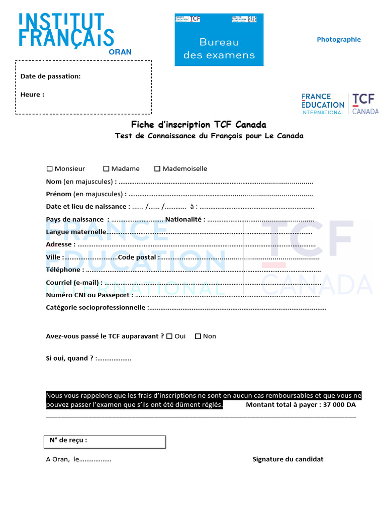 Inscription TCF Canada : Fiche à remplir | PDF | Évolution de carrière