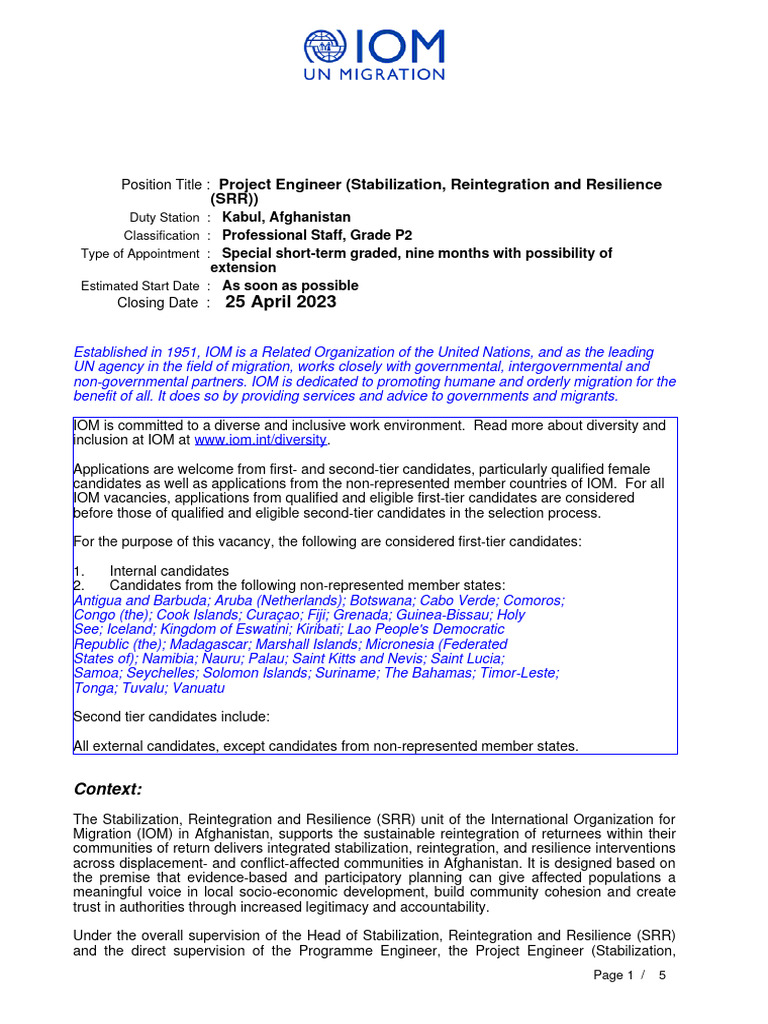 Project Engineer Position in Kabul, IOM | PDF | Leadership | Recruitment