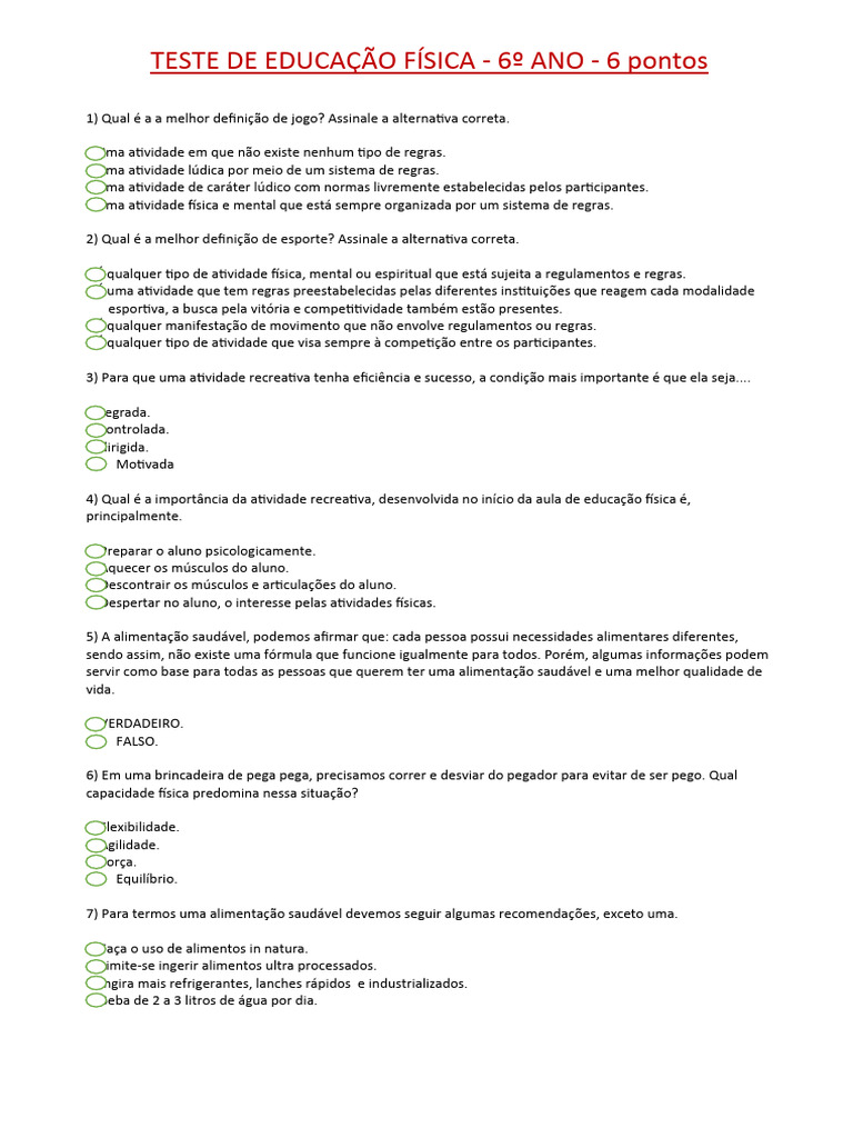 Teste de Educação Física - 6º Ano | PDF | Física | Educação Física