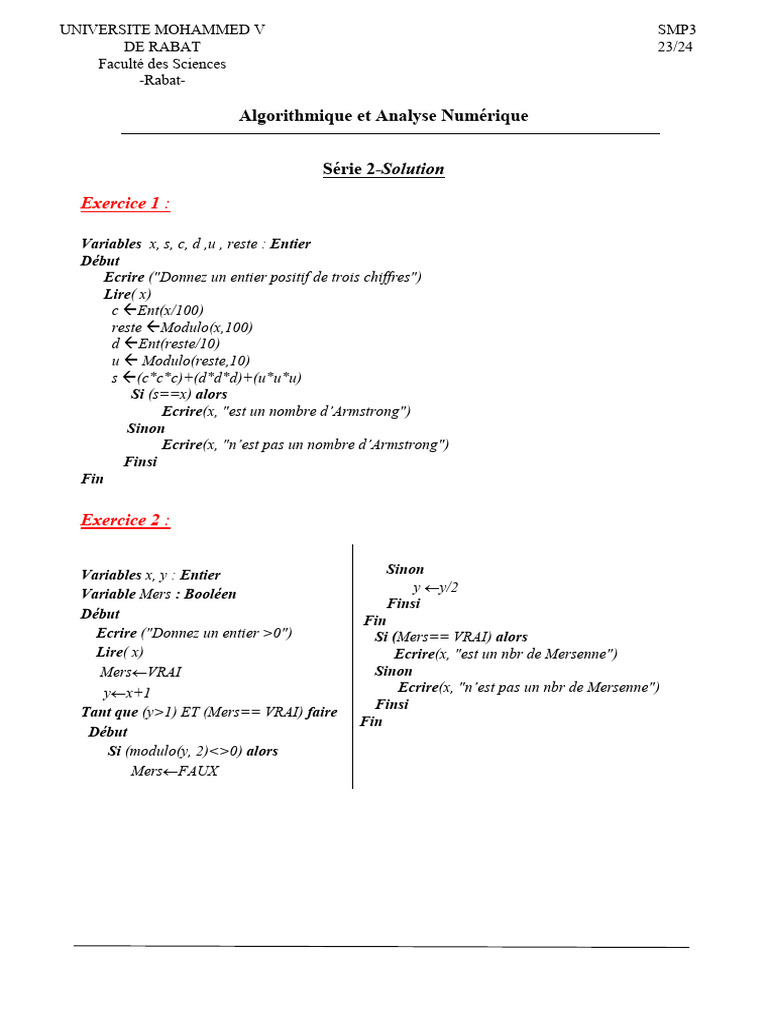 Exercices d'Algorithmique et Analyse Numérique | PDF | Mathématiques ...