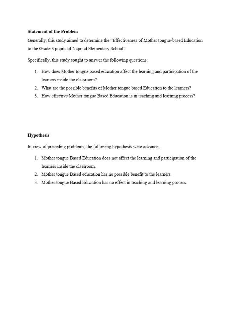 Statement of the Problem, Hypothesis | PDF