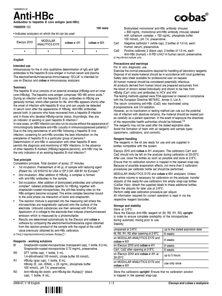 Anti-HBc Antibody Test Kit Overview | PDF