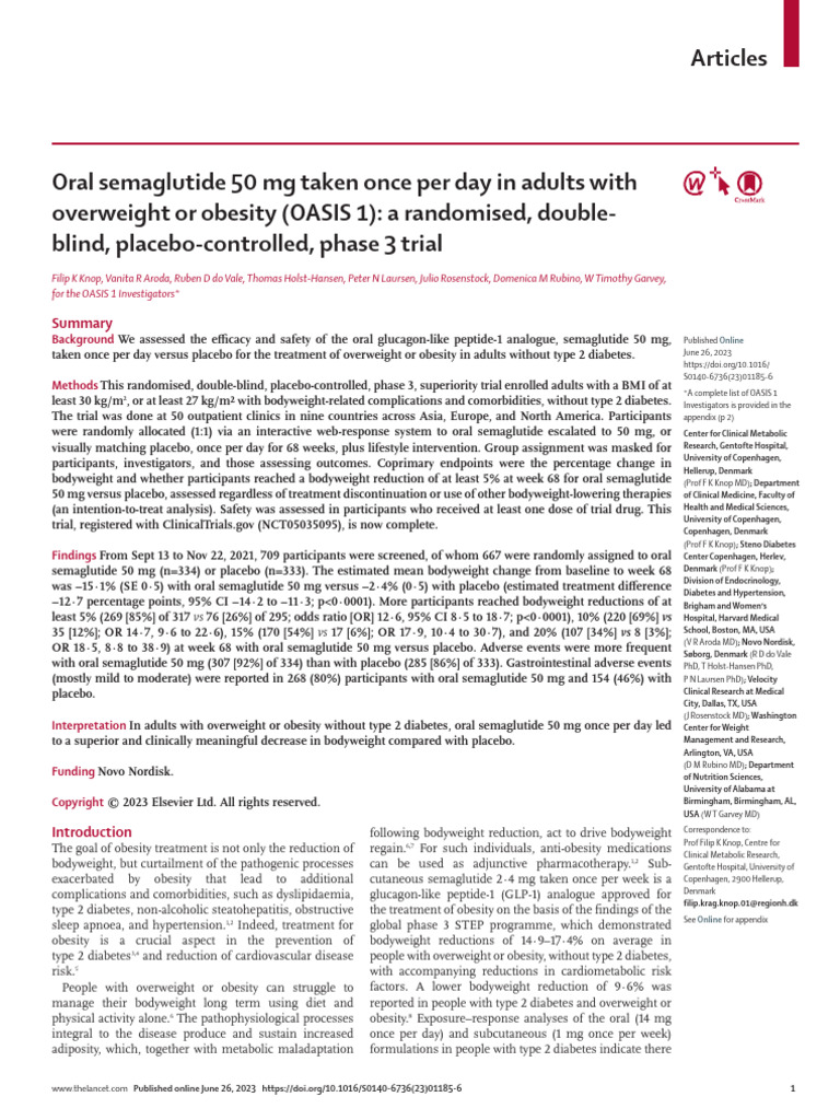 Oral Semaglutide 50 MG Taken Once Per Day in Adults With Overweight | PDF |  Randomized Controlled Trial | Obesity