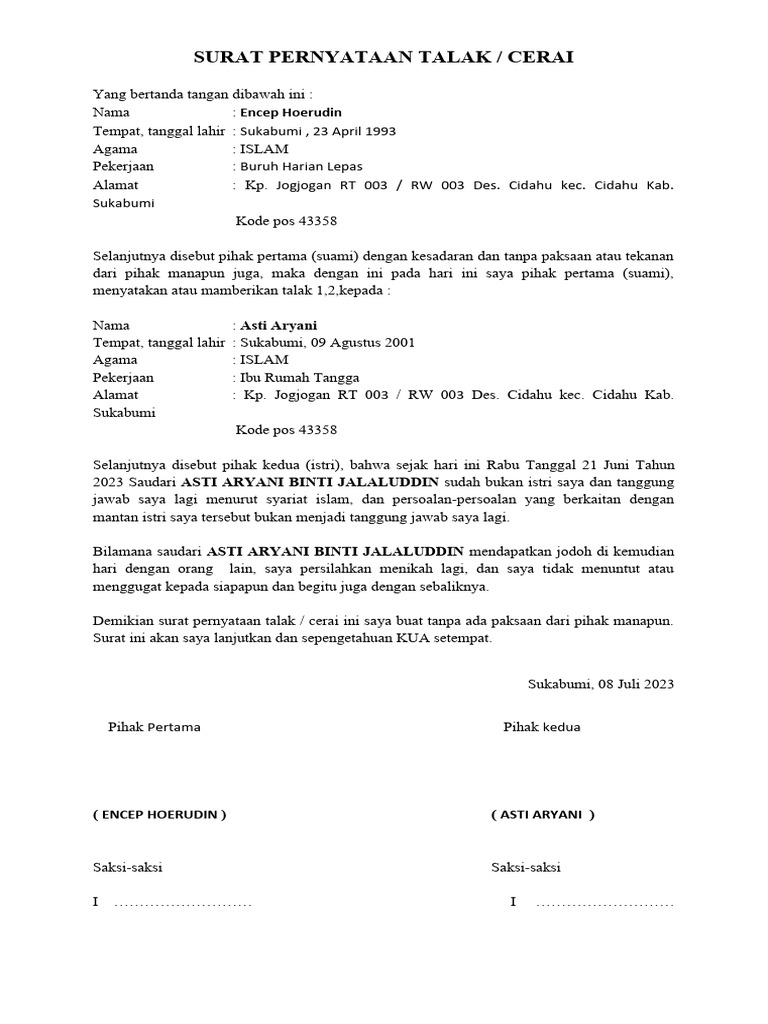 Contoh Surat Pernyataan Talak Cerai | PDF