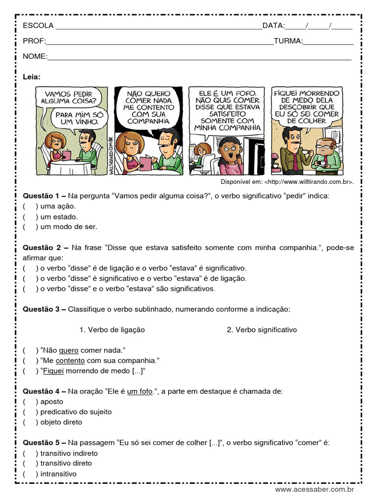 Atividade de Portugues Verbo de Ligacao e Verbo Significativo 1o Ano Do ...