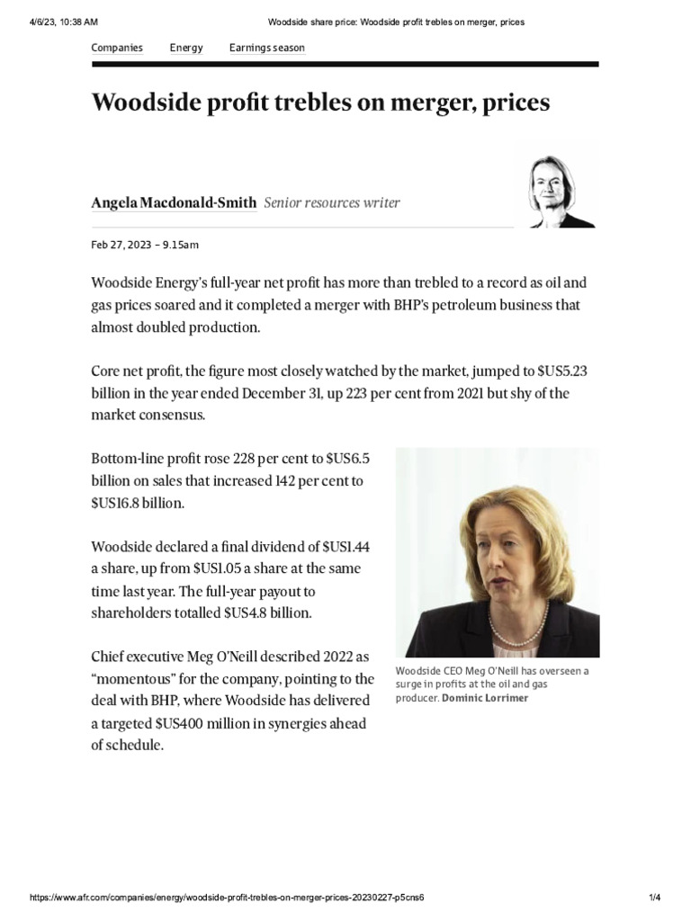 Woodside Share Price Woodside Profit Trebles On Merger, Prices PDF