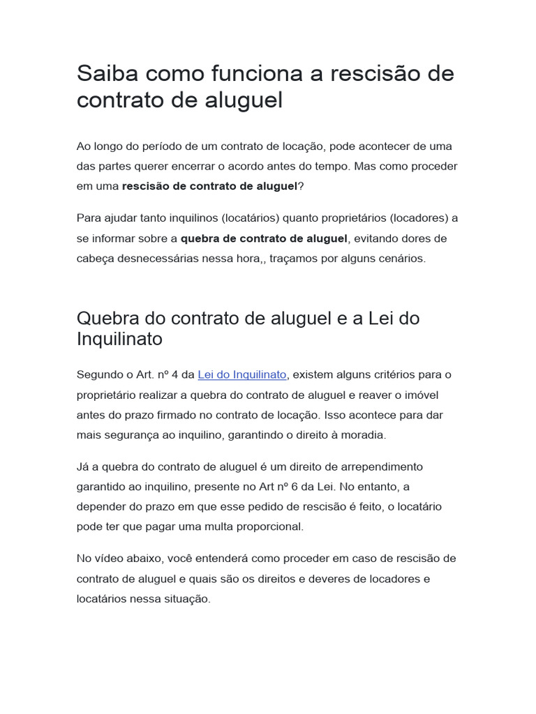 Rescisão de Contrato de Aluguel: Guia Completo | PDF | Aluguel | Despejo