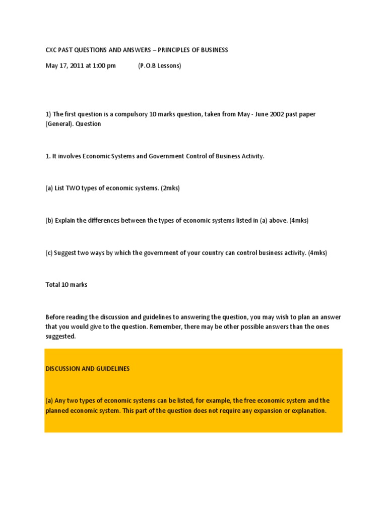 Cxc Past Questions And Answers P O B Entrepreneurship Employment