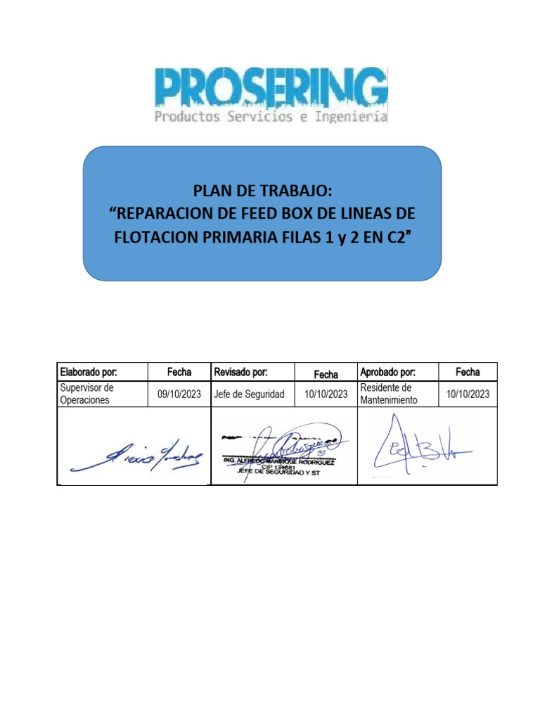 Plan de Trabajo - Reparacion de Feed Box de Lineas de Flotacion Fila ...
