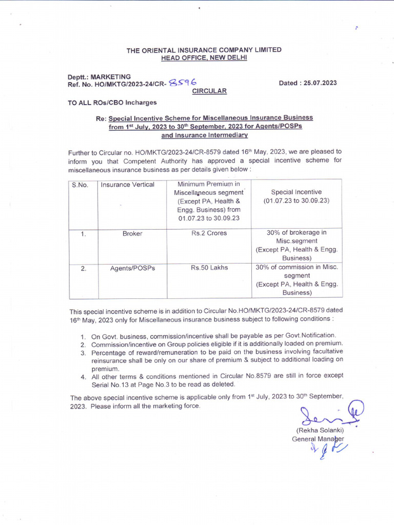 CIRCULAR NO 8596 Special Incentive Scheme For Misc - Ins.Business | PDF
